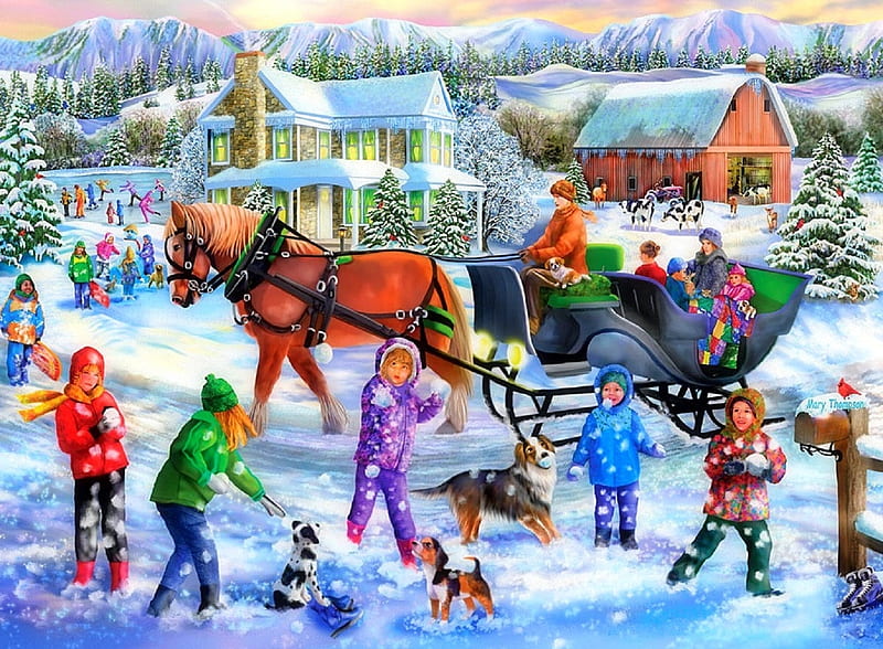 Winter Full of Wonders, villages, Christmas, holidays, skating rink, children, love four seasons, attractions in dreams, xmas and new year, winter, countryside, paintings, snow, winter holidays, carriages, HD wallpaper