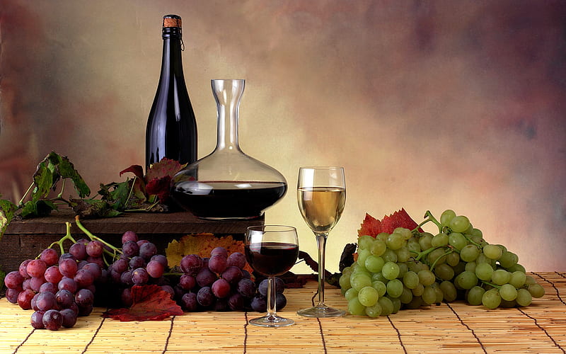 GRAPE EXTRACT, red, glass, grapes, green, juice, wine, bottle, stillife, HD wallpaper