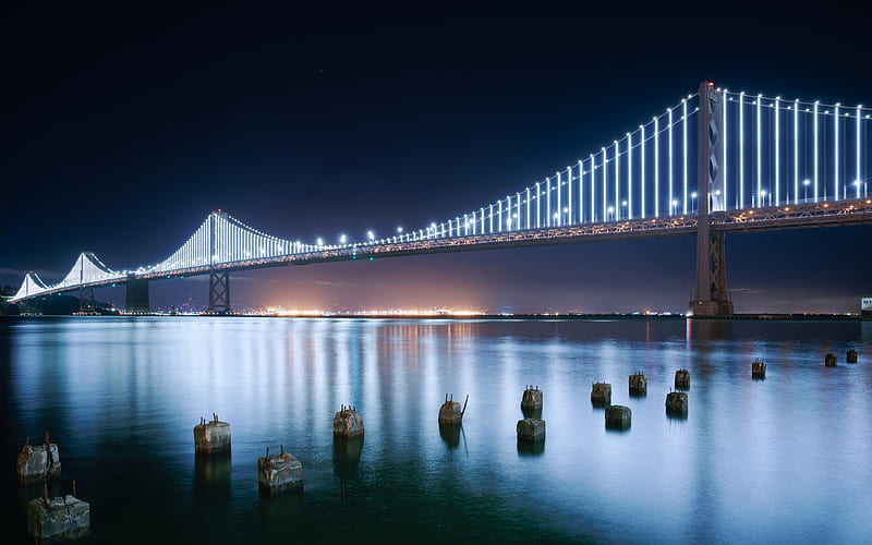Bay Bridge, San Francisco-Oakland Bay Bridge, San Francisco Bay, night, suspension bridge, California, USA, HD wallpaper