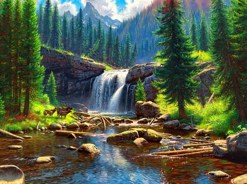Wonders, stream, art, shore, bonito, creek, wonder, mountain, tree, stones, paradise, painting, summer, waterfall, nature, deers, river, HD wallpaper