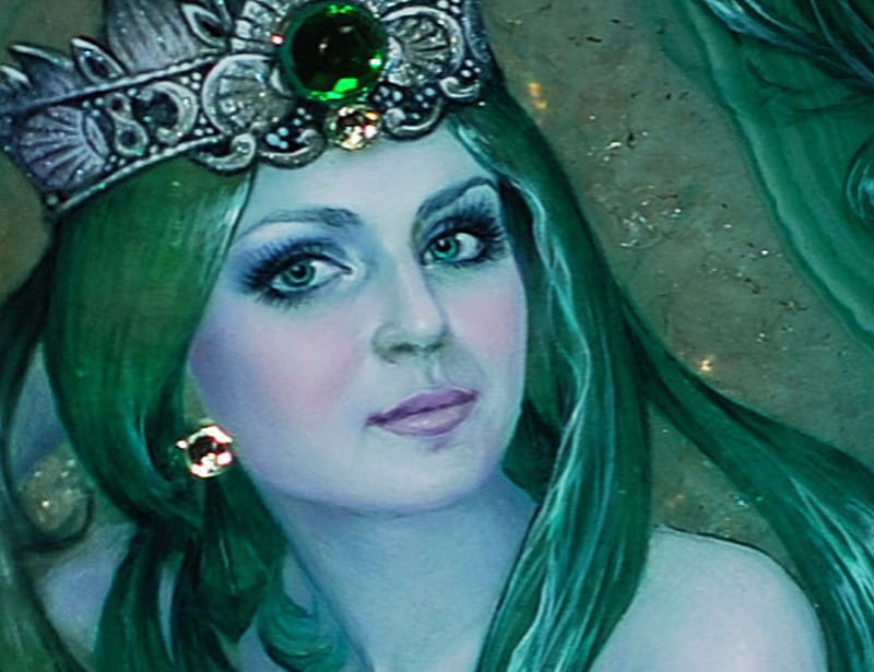 Emerald Queen, Queen, Emerald, Abstract, Jewelry, Makeup, Fantasy, Eyes, HD wallpaper
