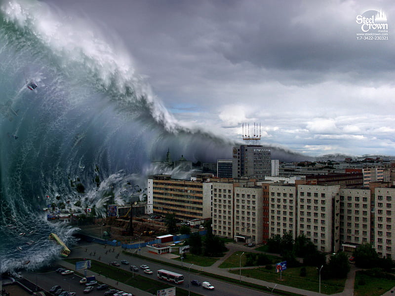 tsunami, city, nature, HD wallpaper