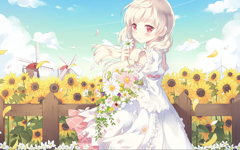 Flower Girl, flower petals, brown hair, anime, cute anime girl, white  dress, HD wallpaper | Peakpx