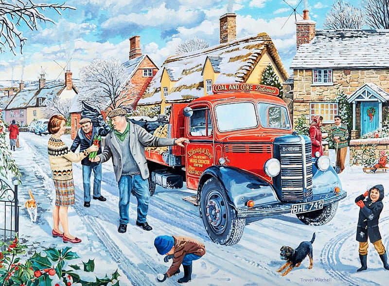Coal and Coke Delivery, houses, children, artwork, lorry, snow, people, painting, village, dog, HD wallpaper