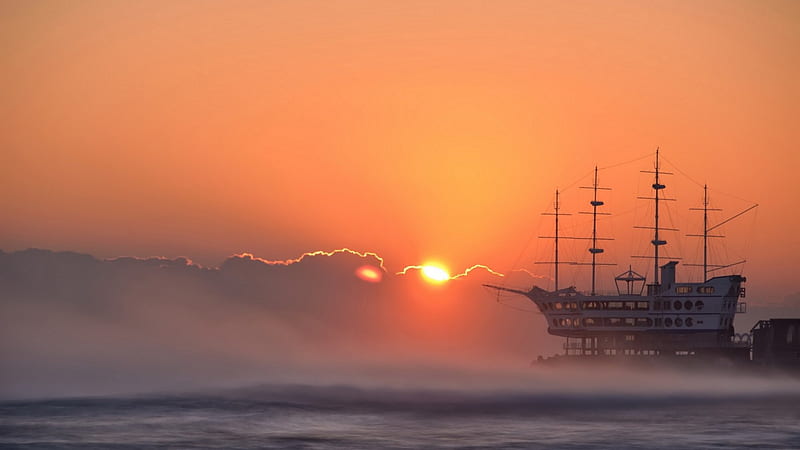 wonderful sailing ship restaurant on pier at sunset, restaurant, pier, sunset, sailing ship, sea, HD wallpaper