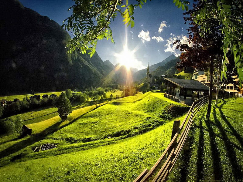 Sun rays over the mountain, pretty, resort, house, grass, cabin, mountain, countryside, nice, tower, bright, village, path, beauty, rest, lovely, holiday, mountainscape, greenery, sky, trees, sunshine, chapel, fence, glow, cottage, dazzling, green, light, hotel, glowing, clear, church, slope, summer, nature, HD wallpaper