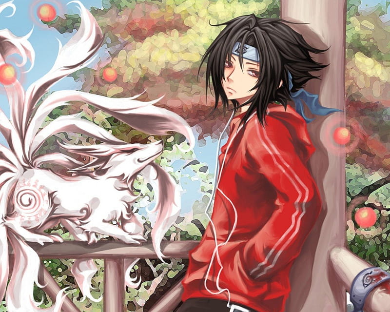 Sasuke Uchiha, naruto, trees, nice, cool, noemal clothes, fox, anime, sasuke uchia, Normal clothes, HD wallpaper
