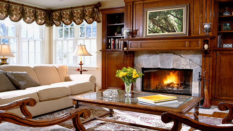 Cozy Living Room, lampshades, cozy, window, hall, bonito, carpet, furnace, chairs, flowers, sunshine, sofa, wood, HD wallpaper