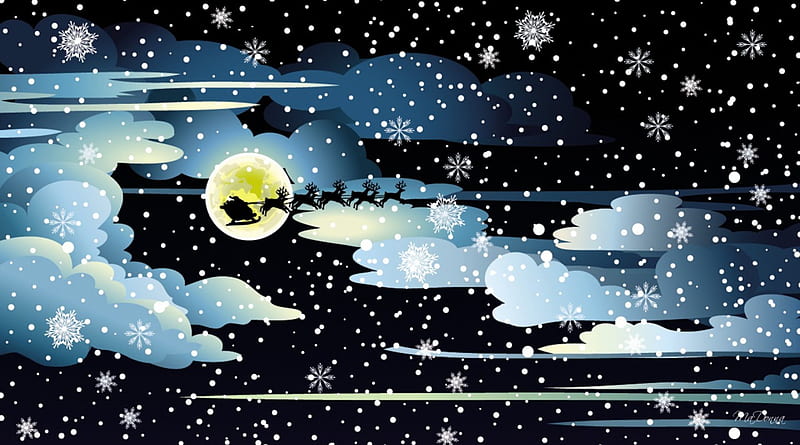 Christmas Eve Sky, sleigh, stars, feliz navidad, saint nicholas, christmas, st nick, sky, clouds, xmas, santa claus, snow, snowflakes, full moon, reindeer, HD wallpaper