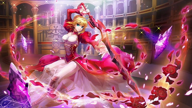 Saber Lily, red, pretty, crystals, dress, rose, hall, bonito, magic, woman, sweet, anime, flowers, beauty, anime girl, sword, art, female, lovely, cute, girl, purple, petals, lady, white, HD wallpaper