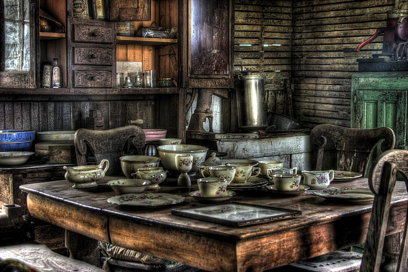 Humble Home, saucer, home, grinder, old, farm, shelves, chair, cups, dishware, table, hearth, modest, china, plates, woodslats, country, kitchen, grater, simple, HD wallpaper