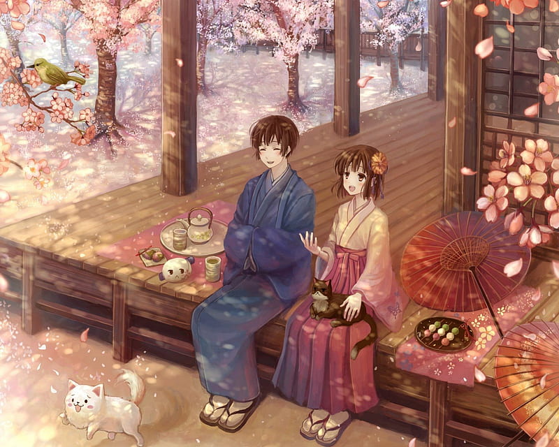 Male anime kimono night snow tree lamb wallpaper, 1440x1152, 800400
