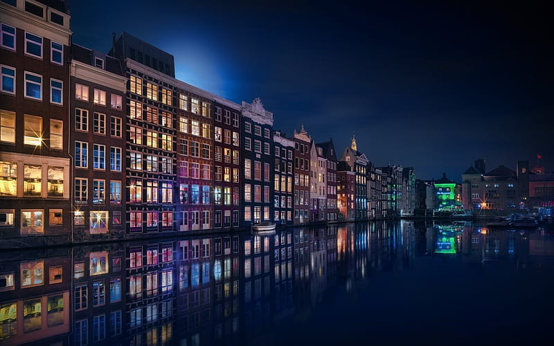 evening, Amsterdam, Netherlands, City Lights, HD wallpaper