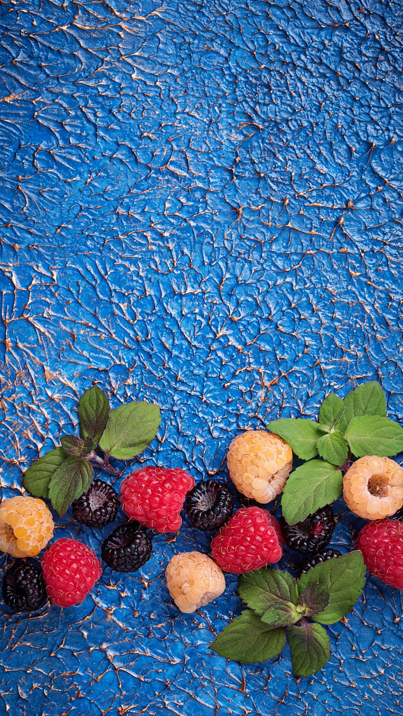 Fruits, black, blue, food, fruit, green, mint, raspberry, red, texture, HD phone wallpaper
