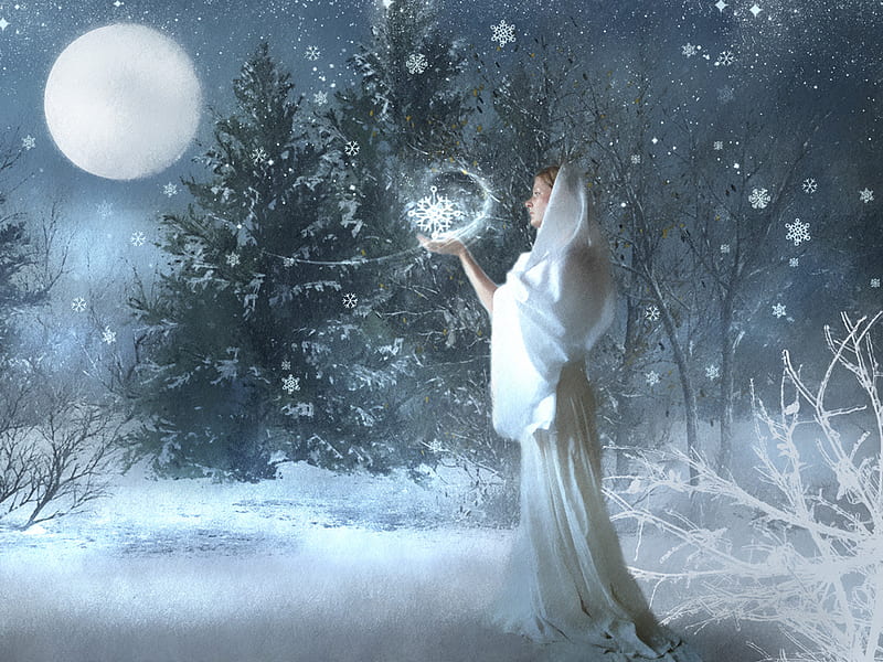 The Gift of Winter, globe, tree, moon, snow, shine, woman, HD wallpaper