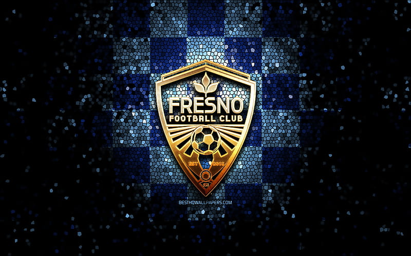 Fresno FC, glitter logo, USL, blue checkered background, USA, american soccer team, FC Fresno, United Soccer League, Fresno logo, mosaic art, soccer, football, America, HD wallpaper