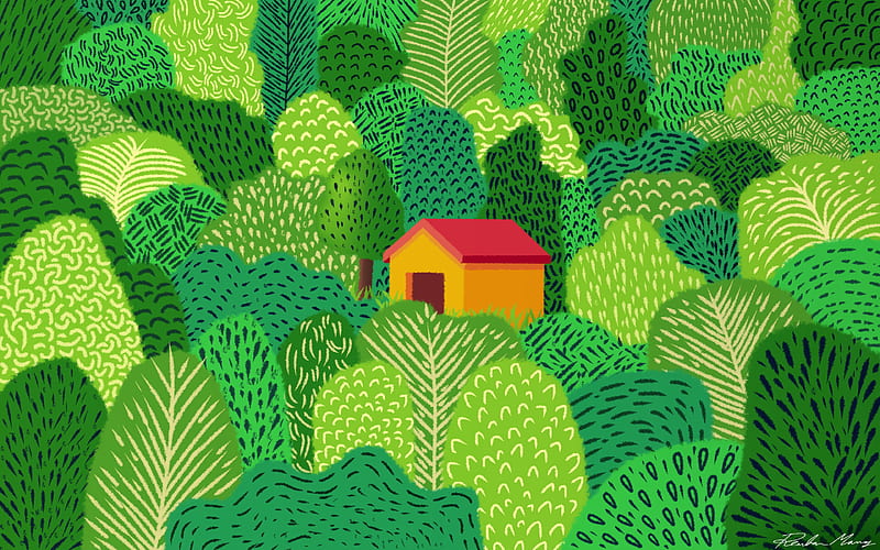 house, forest, trees, art, HD wallpaper