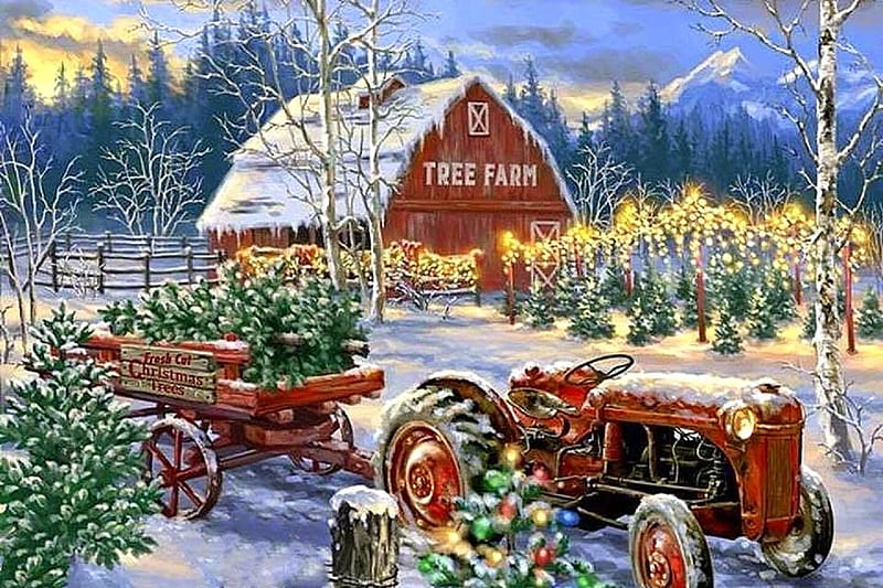 Holiday Farm, Christmas, holidays, tractor, Christmas Tree, love four seasons, farms, attractions in dreams, xmas and new year, winter, paintings, snow, winter holidays, HD wallpaper