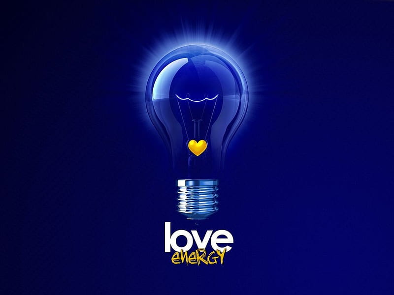 Energy Of Love, light bulb, love, heart, yellow, energy, blue, light, HD wallpaper