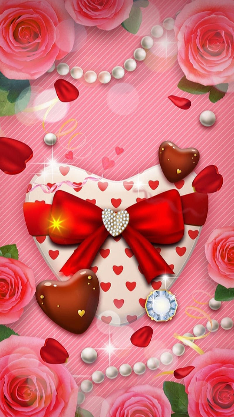 Love, flowers, rose, ribbon, pink, heart, pearl, red, roses ...