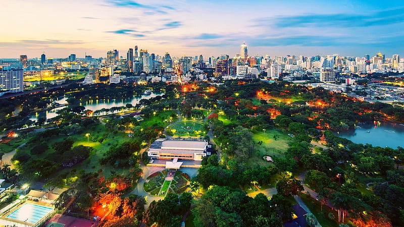 view of a beautiful bangkok city park r, sundown, lakes, city, view, r, park, HD wallpaper