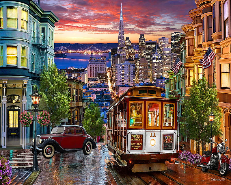 San Francisco Trolley, cable car, bridge, car, houses, painting, artwork, sea, HD wallpaper