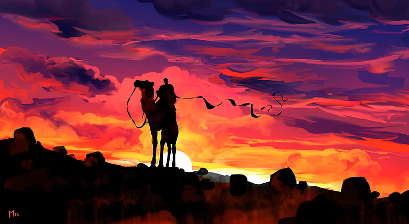 Clouds Dawn Camel Rider Fantasy Illustration , camel, illustration, artist, artwork, digital-art, behance, sunset, HD wallpaper