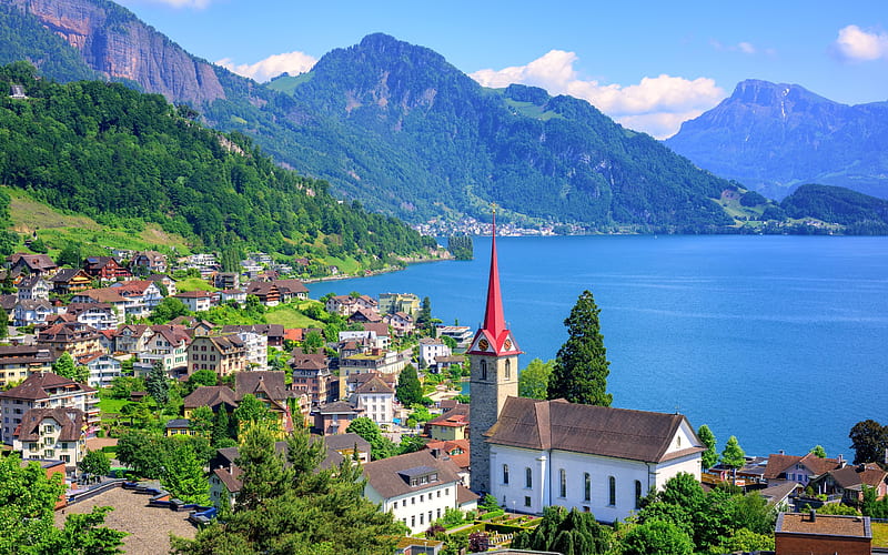 Switzerland, lake, church, mountains, summer, HD wallpaper