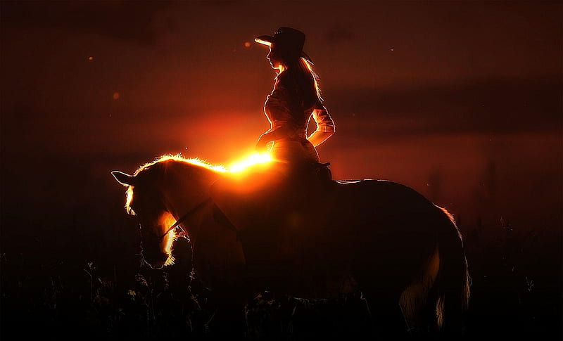 Ride With Pride . ., hats, cowgirl, ranch, sunset, silhouette, horses, outdoors, fantasy, style, western, HD wallpaper