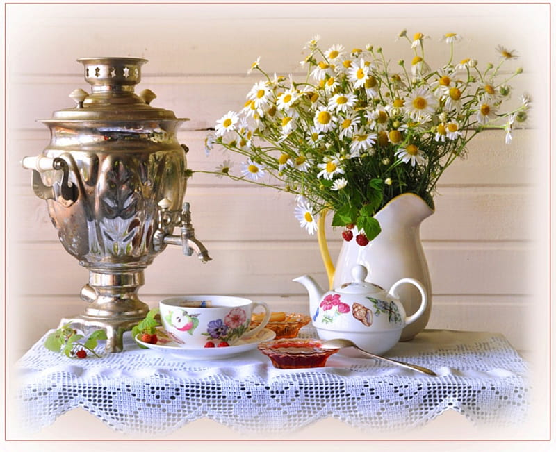Still life, samovar, fruits, vase, floral, teapot, graphy, chamomile, flowers, drink, porcelain, table, abstract, jam, tea time, cup, nature, white, HD wallpaper