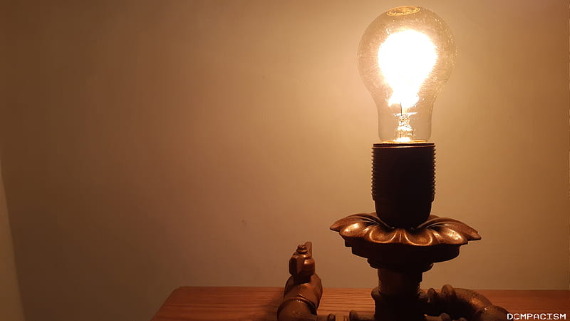 Table lamp, bulb, ideas, light, scrap metal art, HD wallpaper
