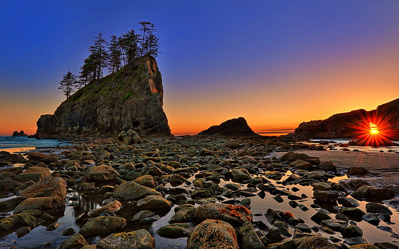 Sunset on Rialto Beach, Washington, USA, Landscape, beach, Rocks, Sunset, HD wallpaper