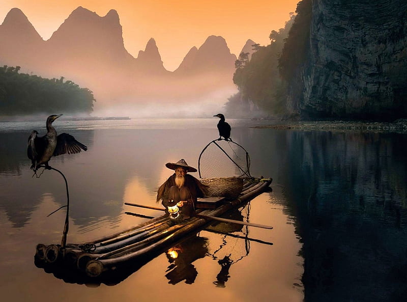 The Old Fisherman, water, boat, mountains, cormorant, river, reflection, mist, HD wallpaper