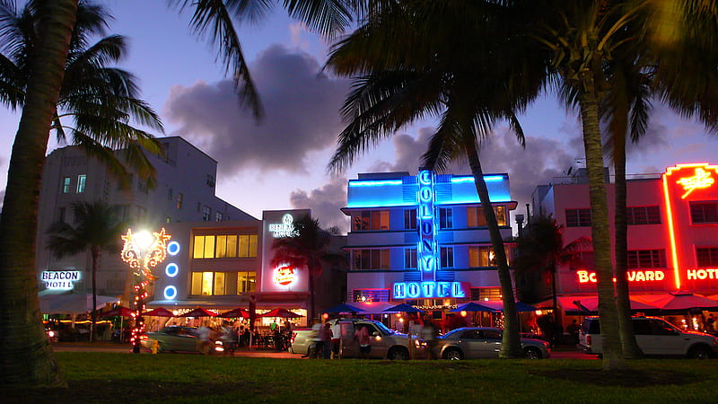 South Beach Ocean Drive, beach, city, colourful, ocean, neon, lights, HD wallpaper
