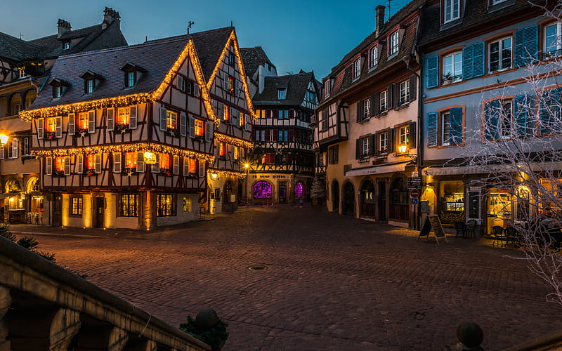 Colmar, evening, old buildings, cityscape, Alsace, France, HD wallpaper