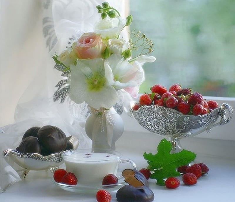 beautiful arrangement, fruits, flowers, vase, crystal, porcelain, HD wallpaper