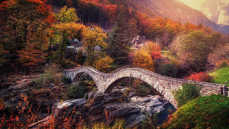 Ponte dei Salti at Fall (Switzerland), autumn, nature, bridge, forest, trees, landscape, HD wallpaper