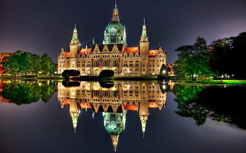 Reflection, architecture, grass, monuments, hall, hanover, dusk, clouds, lights, splendor, water lights, capital, beauty, lovely, town hall, cityscape, buildings, sky, trees, building, water, colorful, bonito, green, light, night, germany, view, colors, new city hall, lake, tree, peaceful, nature, HD wallpaper