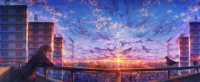 anime landscape, sunset, cityscape, clouds, anime girl, sky, Anime, HD wallpaper