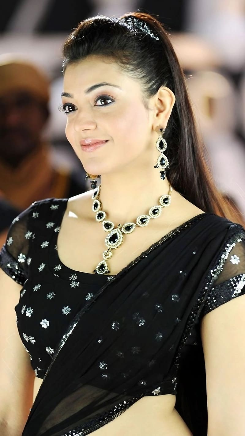 Kajal , Black Saree, actress, traditional look, movie scene, HD phone wallpaper