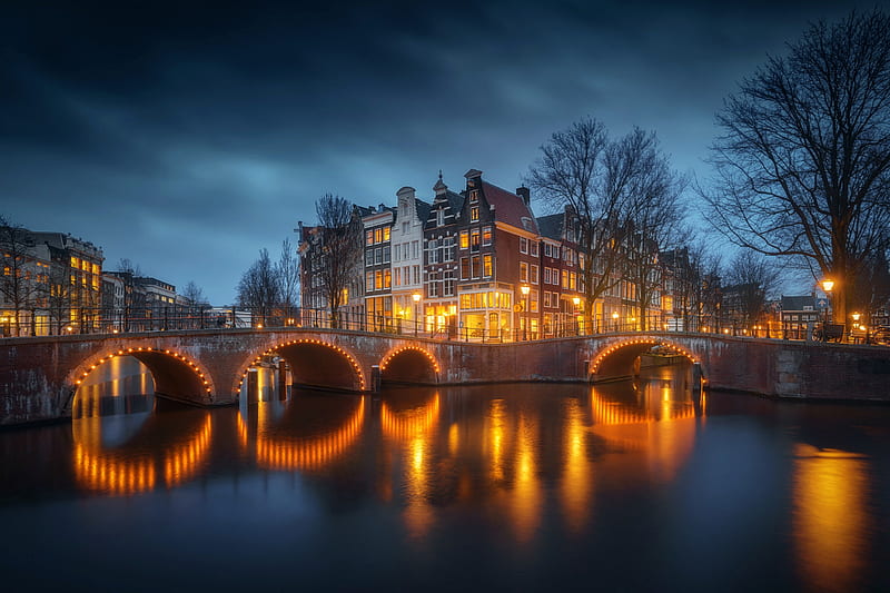 Amsterdam, Holland at Night, city, bridge, lights, night, holland, HD wallpaper