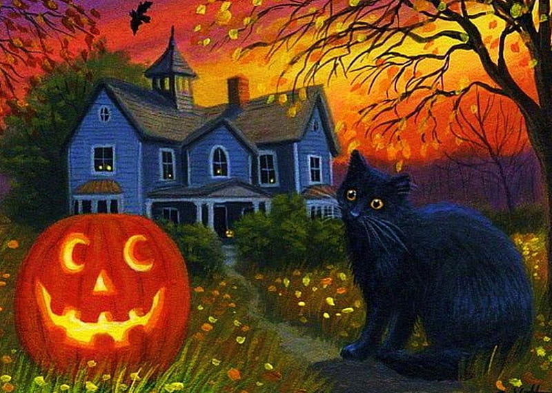 Halloween Buddies, fall, house, sunset, cat, artwork, tree, leaves ...