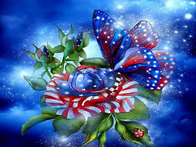 ✫Butterfly Ideas in Patriotism✫, colorful, attractions in dreams, bonito, digital art, sweet, sparkle, flutter, butterfly, star spangled, brilliant, flowers, butterfly designs, animals, valentines, stripes, wings, lovely, patriotic, colors, love four seasons, creative pre-made, scent, American flag, roses, ladybug, beloved valentines, HD wallpaper