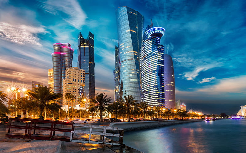Doha nightscapes, embankment, skyscrapers, modern buildings, Qatar, Asia, R, HD wallpaper