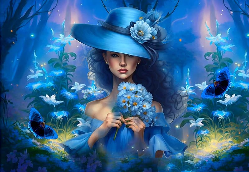 Fantasy World Of Blue, hat, colorful, blue, bouquet, vibrant, girl, dress, fantasy, vivid, yellow, bright, bold, flowers, lovely, HD wallpaper