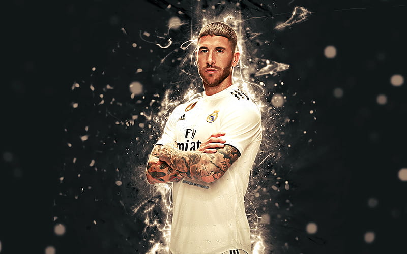Sergio Ramos, season 2018-2019, footballers, neon lights, Real Madrid, soccer, Ramos, fan art, La Liga, football, Galacticos, HD wallpaper