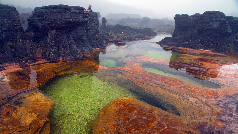 Rock On Body Of Water And Landscape Of Mount Roraima Venezuela Nature, HD wallpaper