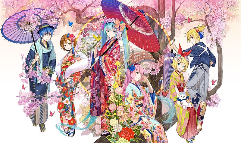 Anime, Vocaloid, Kimono, Hatsune Miku, Luka Megurine, Rin Kagamine, Kaito (Vocaloid), Len Kagamine, Meiko (Vocaloid), HD wallpaper
