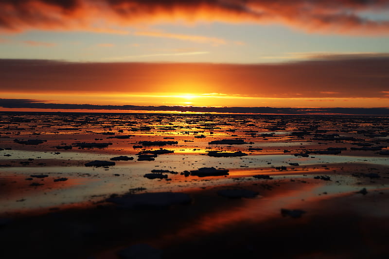 water, ice, ice floes, sunset, horizon, HD wallpaper