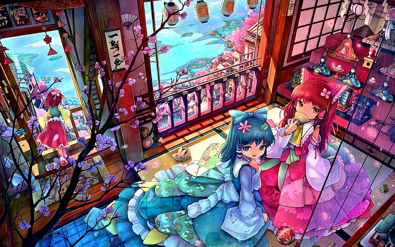 ANIME, colorful, window, maidens, flowers, petals, girls, HD wallpaper ...